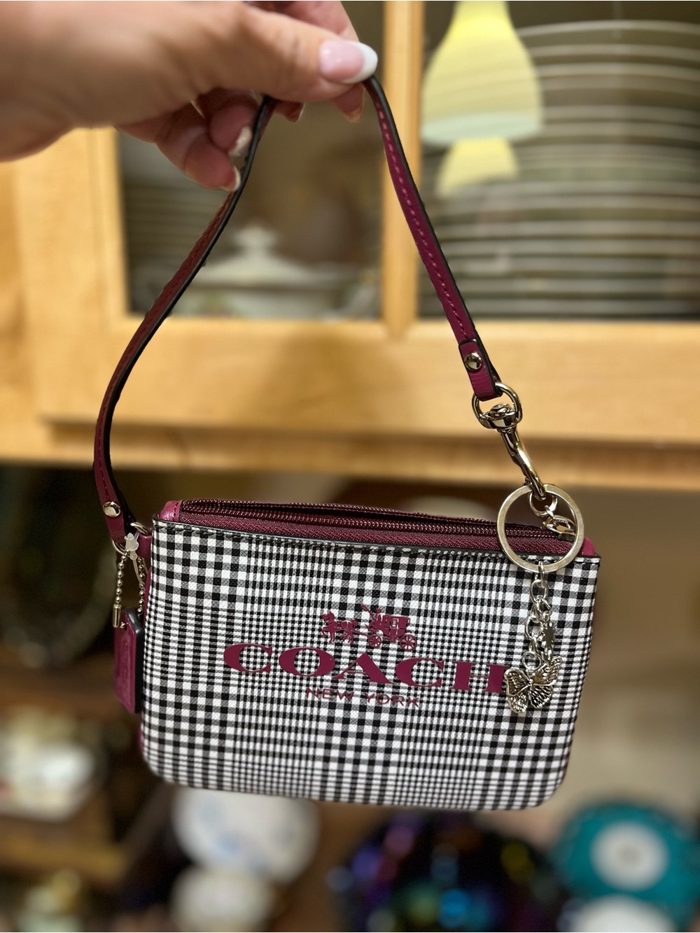 Coach Black & Burgundy Gingham Wristlet with Charm